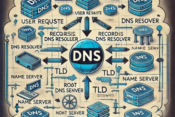 The flow of a DNS query, from a user's request to retrieving the final IP address.